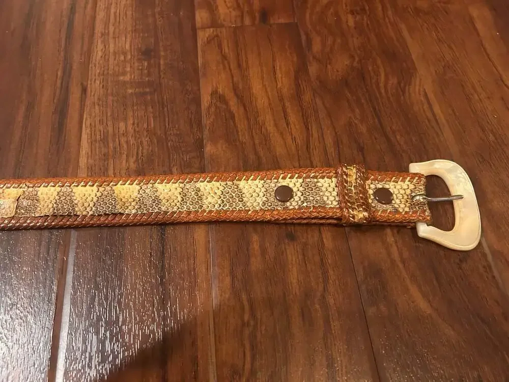 Vintage Snakeskin Pattern Woven Leather Belt with Mother of Pearl Style Buckle